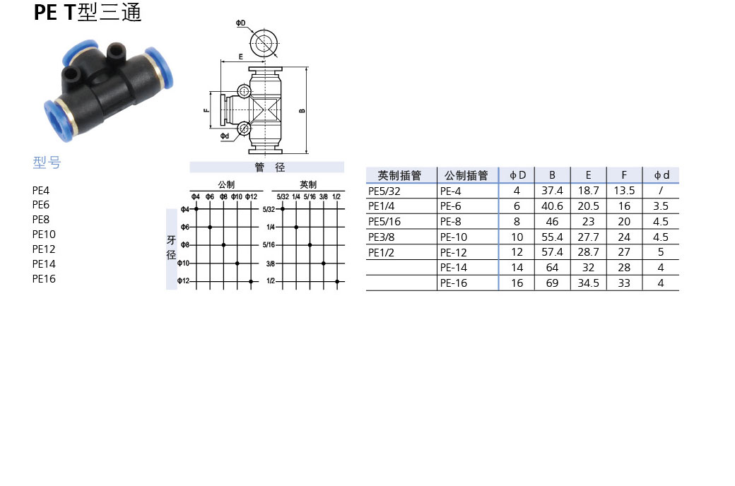 PE系列T型三通塑料快插接頭